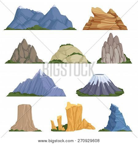 Rockies Mountains. Volcano Rock Snow Outdoor Various Types Of Relief For Climbing And Hiking Vector 