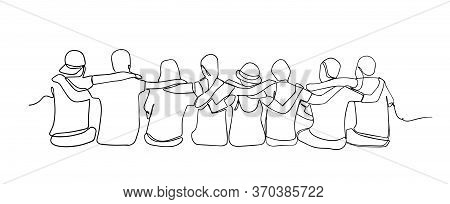 A Group Of Men And Women Sitting Together Have Their Friendship - One Line Drawing. Single Continuou