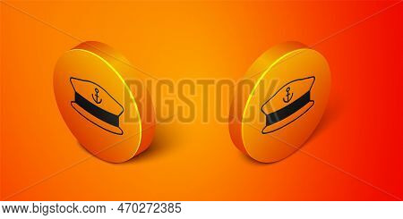 Isometric Captain Hat Icon Isolated On Orange Background. Orange Circle Button. Vector