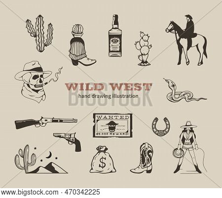 Wild West Collection Hand Drawing Illustration. Wild West Set