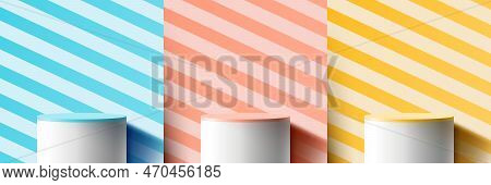 Set Of Blue, Yellow And Orange Pastels Color Top Of White 3d Cylinder Podium Pedestal Decoration Dia