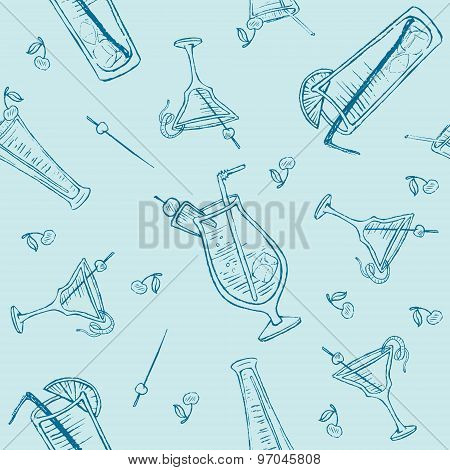 Seamless background with sketch cocktails and drinks. Vector illustration