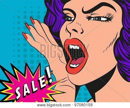 Woman with Sale sign. Vector Illustration in pop art style