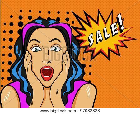 Woman with Sale sign. Vector Illustration in pop art style