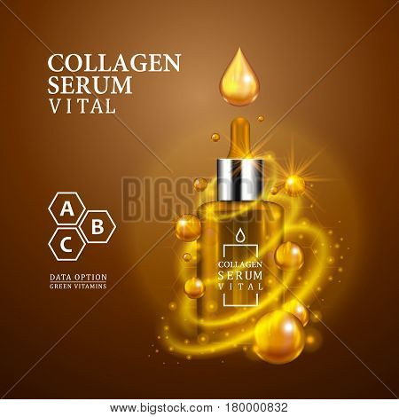 Vital serum golden dropper bottle on light brown background. Realistic bottle view with magic vital drops and glitters. Vitamin formula treatment design. Advertising concept. Vector