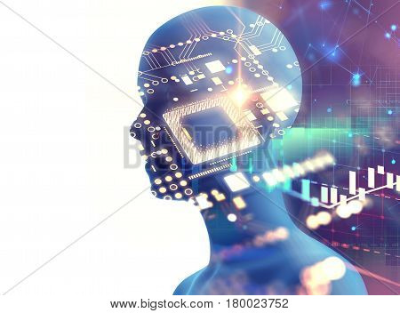 Double Exposure Image Of Low Polygon Human Head 3D Illustration