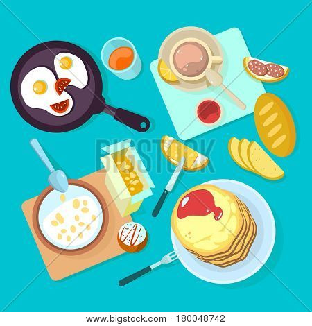 Fresh healthy breakfast food and drinks top view. Egg and sandwich cereal bread and butter milk flat vector illustration isolated on blue backgraund