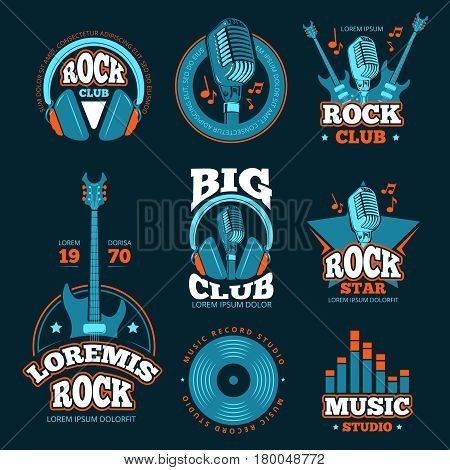 Vintage music studio production vector labels. Musical badges or logos and emblems with guitars and microphones