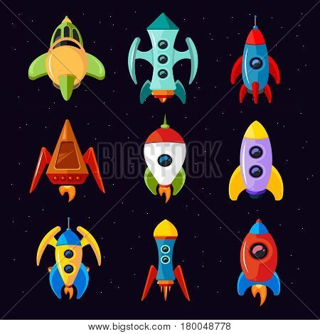 Cartoon spaceships isolated on white background. Rocket and futuristic spacecraft set vector illustration