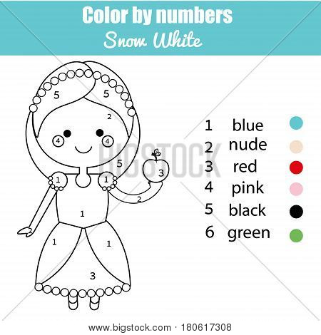 Coloring page with cute Snow White fairy tale princess character. Color by numbers educational children game, drawing kids activity, printable sheet.