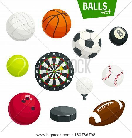 Sport balls vector icons. Isolated sports game items of soccer football, volleyball and handball or basketball, bowling and tennis, gold and pool billiards or rugby, hockey puck and darts arrows