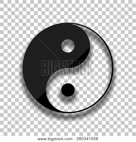 Yin Yan Symbol. Black Glass Icon With Soft Shadow On Transparent Background