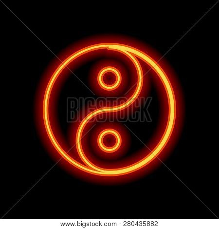 Yin Yan Symbol. Orange Neon Style On Black Background. Light Icon