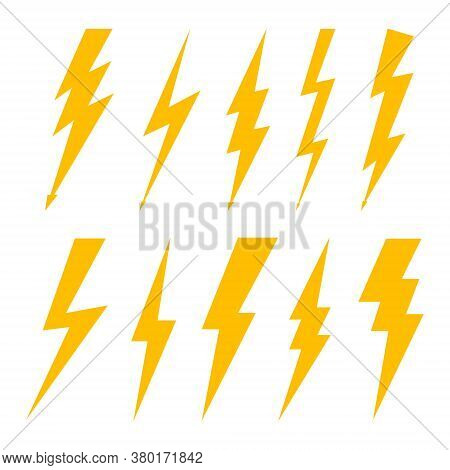 Lightning Bolt. Flash Of Thunderbolt. Icon Of Thunder, Thunderstorm And Electric Power. Orange Logo 