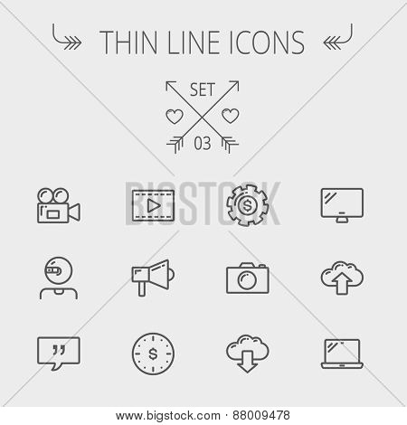 Technology thin line icon set for web and mobile. Set includes - laptop, monitor,video camera, megaphone, web camera, gear, camera, clouds up and down. Modern minimalistic flat design. Vector dark