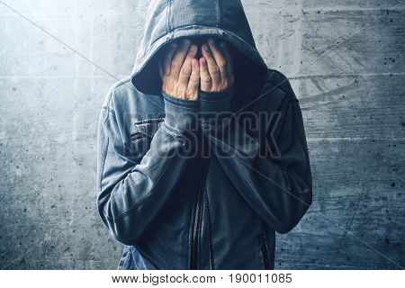 Hopeless drug addict going through addiction crisis portrait of young adult person with substance dependence after long term drug and medication abuse