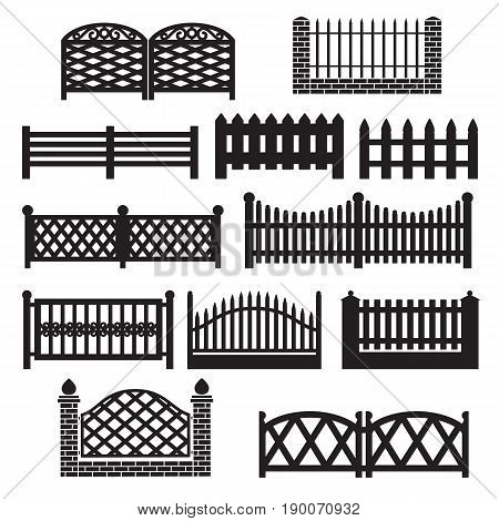 Fence icons. Fence silhouette Icon Set Isolated on a White Background. Barrier for Protection Garden House and Farm. Icons for web and graphic design. Flat simple style logo. Vector illustration.