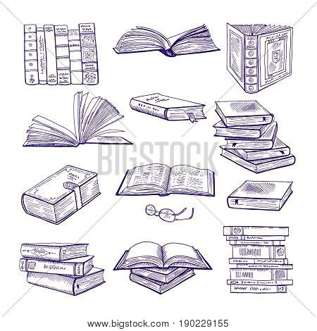 Set of different books. Hand drawn vector sketch. Doodle illustrations isolate on white. Book doodle sketch, literature for library and education