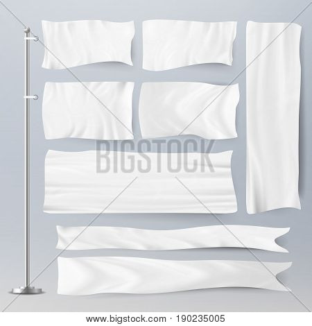 Realistic Template Blank White Flags Vector. Advertising Flag Banner And Fabric Canvas Poster For Advertising