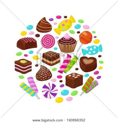 Colourful fruit candies and chocolate sweets flat icons in circle design. Sweet snack candy chocolate, illustration of sweet tasty caramel lollipop