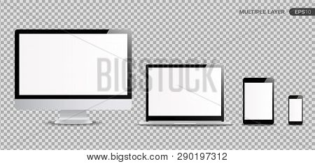 Realistic Computer, Laptop, Tablet and Smartphone with white Wallpaper Screen Isolated on transparent. Set of Device Mockup Separate Groups and Layers. New Easily Editable Vector.