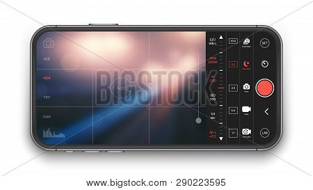 Professional Photo And Video Camera Premium Mobile App With Advanced Settings UI Concept Mock Up On Realistic Frameless Smartphone IPhone Screen Isolated on Black Background. Mobile Photography