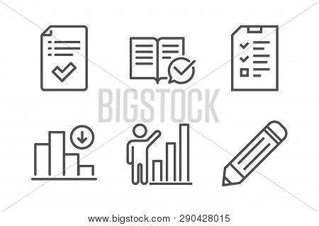 Interview, Decreasing Graph And Approved Documentation Icons Simple Set. Graph Chart, Approved Check