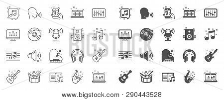 Music Line Icons. Set Of Acoustic Guitar, Musical Note, Vinyl Record Icons. Jazz Saxophone, Drums Wi