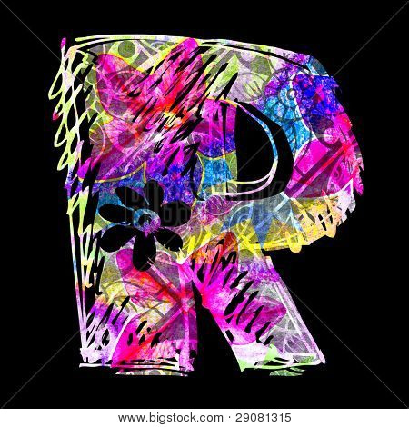 abstract luminescent letter R isolated on black background