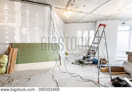 Working Process Of Renovate Room With Installing Drywall Or Gypsum Plasterboard And Ladder With Cons