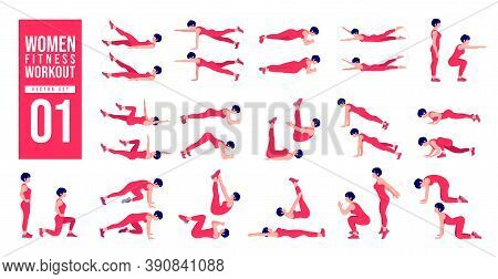 Women Workout Set. Women Exercise Vector Set. Women Doing Fitness And Yoga Exercises. Lunges, Pushup