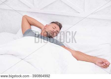 Tips Sleeping Better. Bearded Peaceful Man Sleeping Face Relaxing On Pillow Covered Blanket. Total R