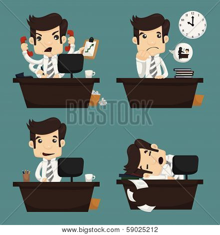 Set Of Businessman Sitting On Desk , Office Worker