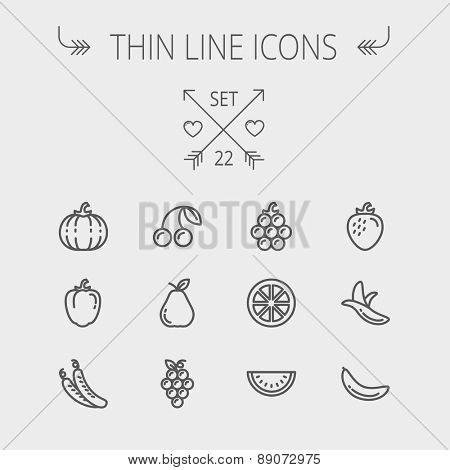 Food and drink thin line icon set for web and mobile. Set includes- banana, watermelon, cherry, squash, grapes, lanzones, peas, pear icons. Modern minimalistic flat design. Vector dark grey icon on