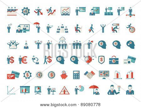 A set of business icon-people, money card, graph, calculator, bulb idea, human head icons. Vector flat design illustration. 