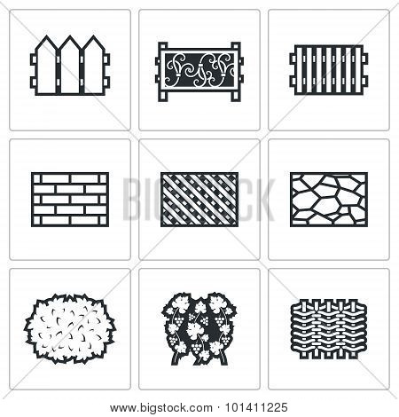 Collection Of Fences From Different Materials Icons Set. Vector Illustration.