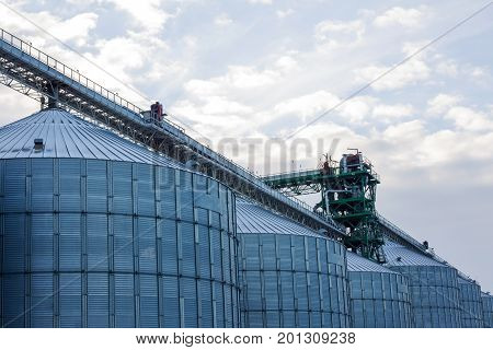 Metal Grain Elevator In Agricultural Zone. Agricultural Silos. Building Exterior. Storage And Drying