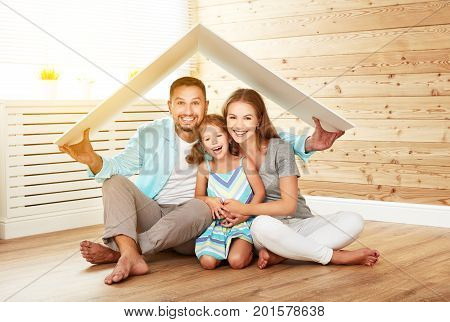 concept housing a young family. Mother father and child in new house with a roof