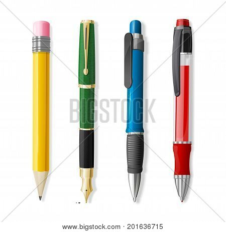 Realistic 3d Pen and Pencil Set Office or School Stationery Accessory Closeup . Vector illustration four of Pens and Pencils