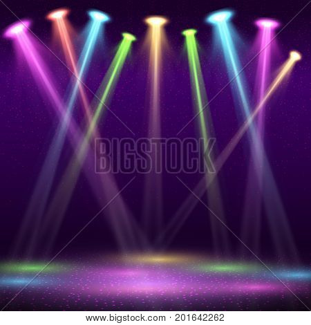 Modern interior of nightclub with empty show stage and color spot lights vector illustration. Interior of night stage club, nightclub with beam