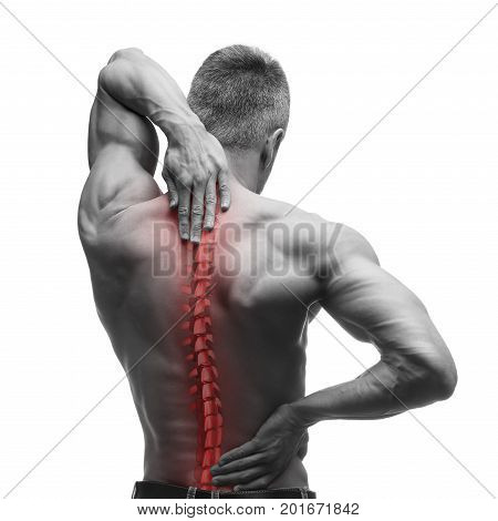 Spine pain man with backache and ache in the neck black and white photo with red backbone isolated on white background