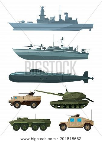 Warships and armored vehicles of land forces. Military transport support. Army marine transport, warship and land vehicle machine illustration