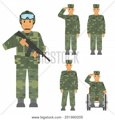 Vector set of soldier man isolated on white background. Saluted soldier, warrior with weapon, soldier in armchair, soldier an attention. Camouflage uniform and battle weapon