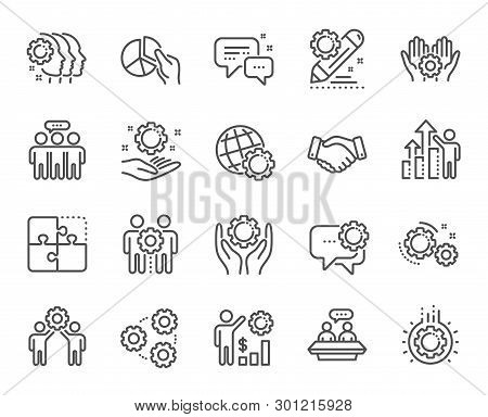 Employees Benefits Line Icons. Business Strategy, Handshake And People Collaboration. Teamwork, Soci