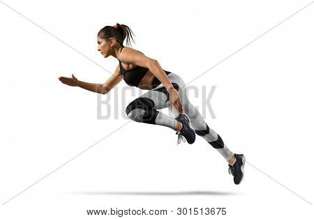 Running. Woman sprinter leaving starting on isolated on white background 