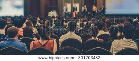 Banner Of Abstract Blurred Photo Of Conference Hall Or Seminar Room With Attendee Background