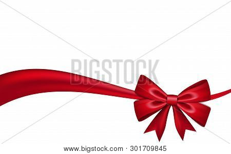 Ribbon Bow For Gift, Isolated White Background. Satin Red Design Festive Frame. Decorative Christmas