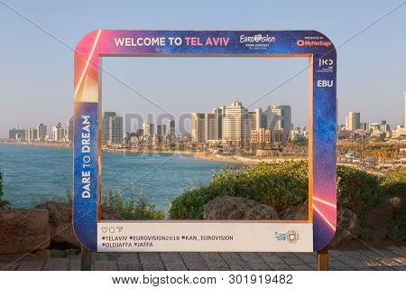 TEL AVIV, ISRAEL 2019, Eurovision frame In Jaffa, Tel Aviv Yafo, Photo frame with the city of Tel Aviv on the background,  Tel Aviv Coastline View from old Jaffa