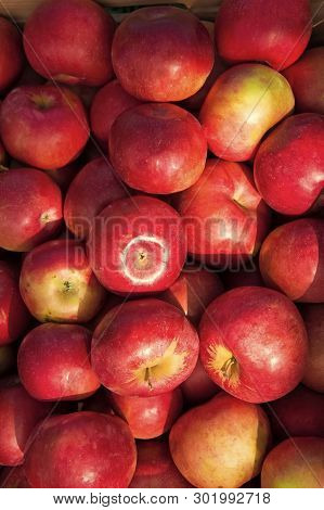 Apples Red Ripe Fruits Background Texture. Apple Harvest Concept. Ripe Organic Fruits Backdrop. Heal