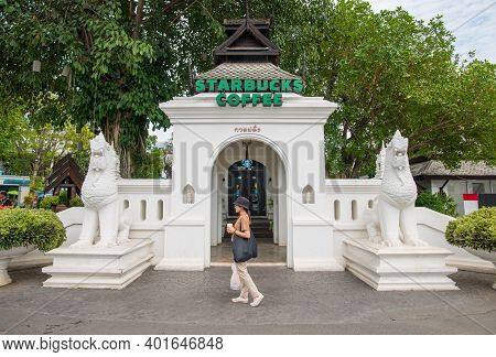 Chiang Mai, Thailand : May-14-2019 : Customer Walking In Front Of The Starbucks Coffee Branches In K